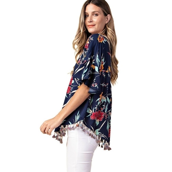 Kori America Navy Floral Pom Pom Boho Top- small - Picture 2 of 13
